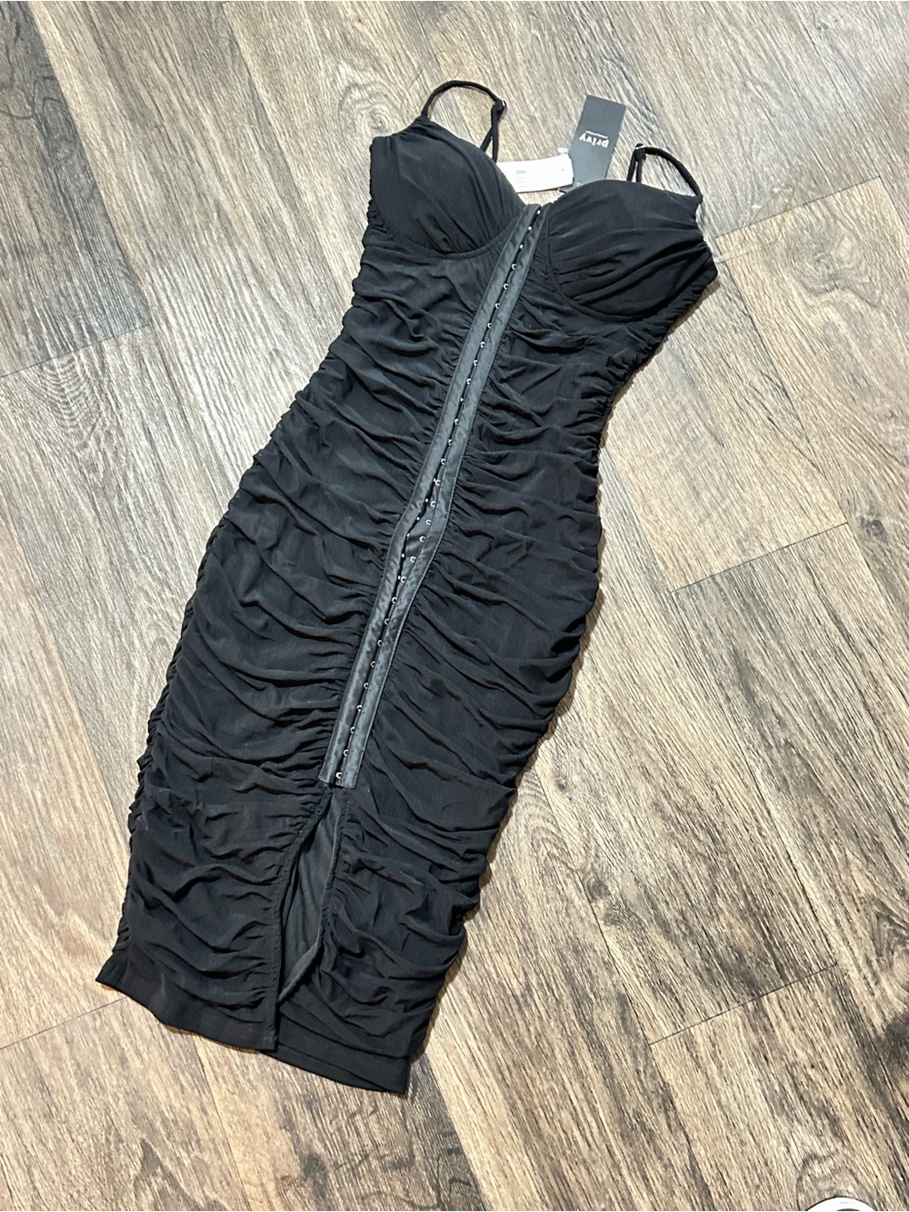 Forever 21 Black Ruched Midi Dress with Front Hook Closure